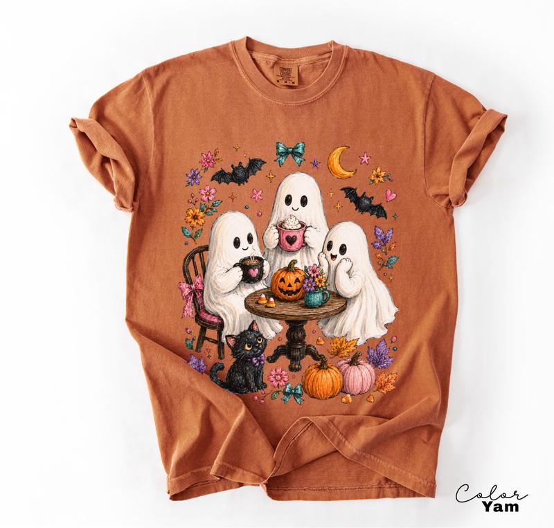 Halloween Ghost T-Shirt, Cute Spooky Graphic Tee, Fall Autumn Witchy Woman Shirt, Cat Lover Coffee Tee
