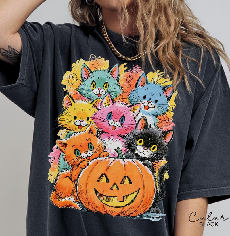 Halloween Cat T-Shirt, Pumpkin Graphic Tee, Comfort Colors Fall Shirt, Cute Cat Halloween Tee