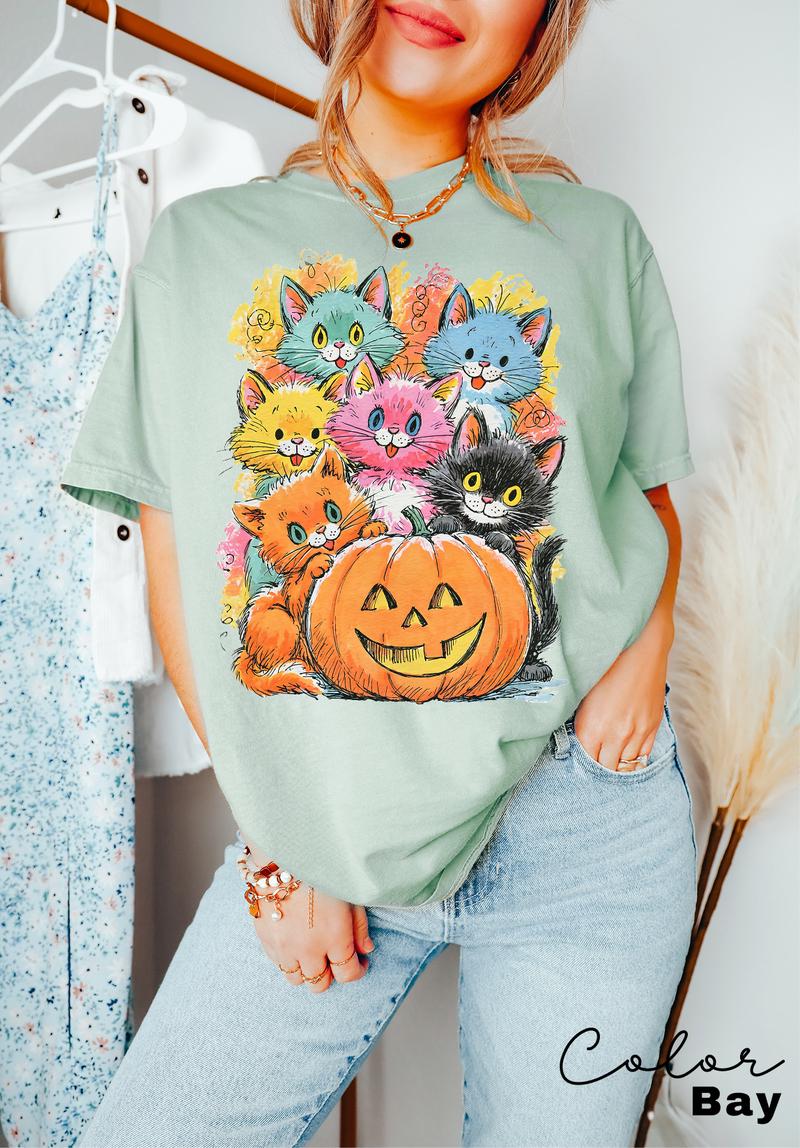 Halloween Cat T-Shirt, Pumpkin Graphic Tee, Comfort Colors Fall Shirt, Cute Cat Halloween Tee