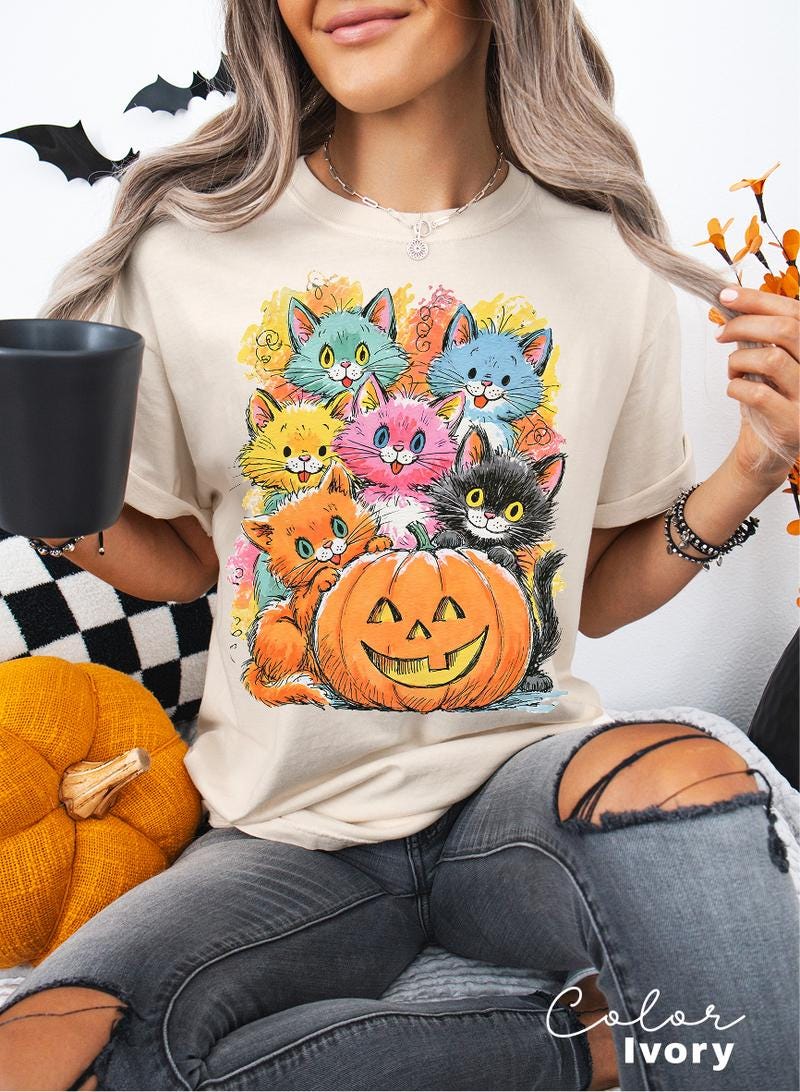 Halloween Cat T-Shirt, Pumpkin Graphic Tee, Comfort Colors Fall Shirt, Cute Cat Halloween Tee
