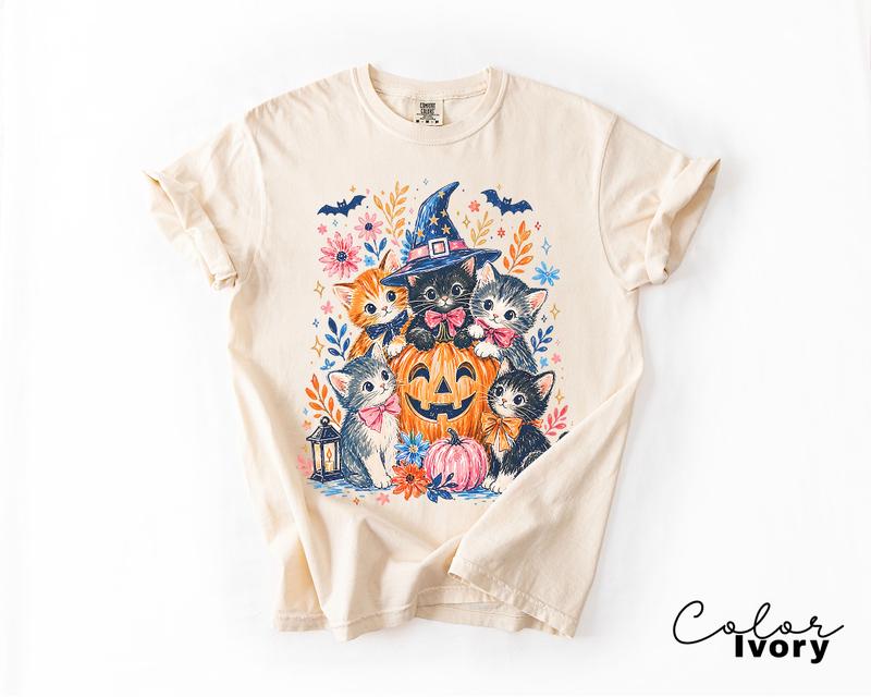 Halloween Cat Shirt, Cute Witchy Cat Graphic Tee, Pumpkin Patch Fall Spooky Season T-Shirt