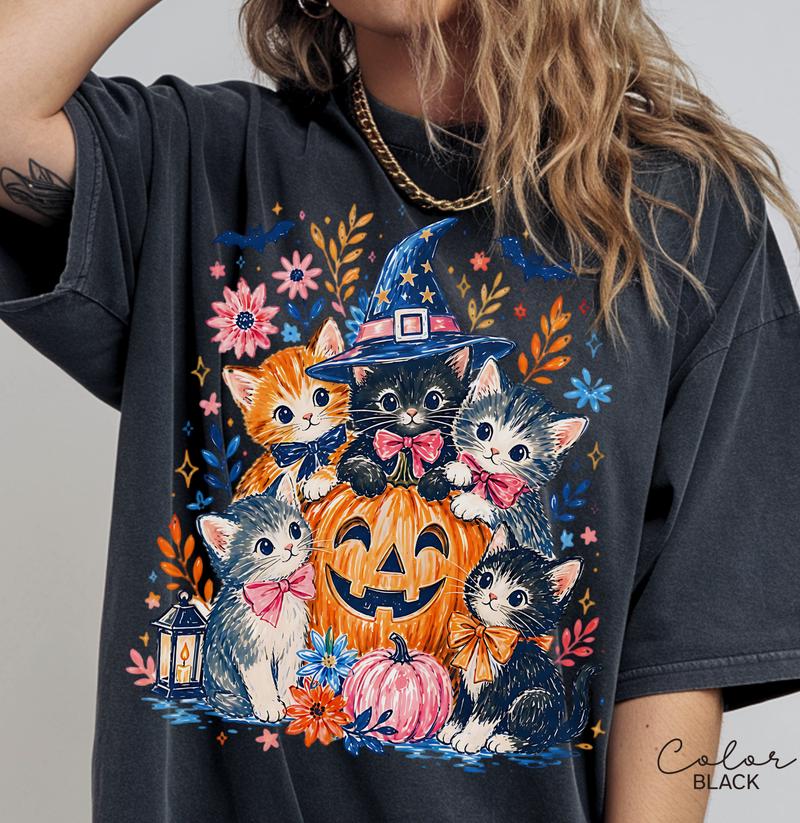 Halloween Cat Shirt, Cute Witchy Cat Graphic Tee, Pumpkin Patch Fall Spooky Season T-Shirt