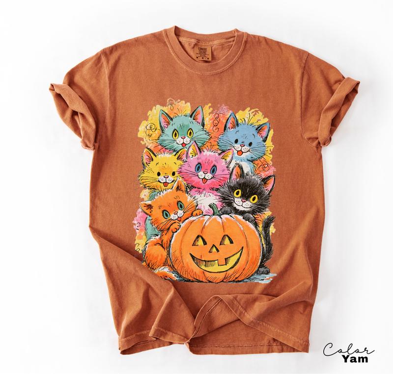 Halloween Cat T-Shirt, Pumpkin Graphic Tee, Comfort Colors Fall Shirt, Cute Cat Halloween Tee