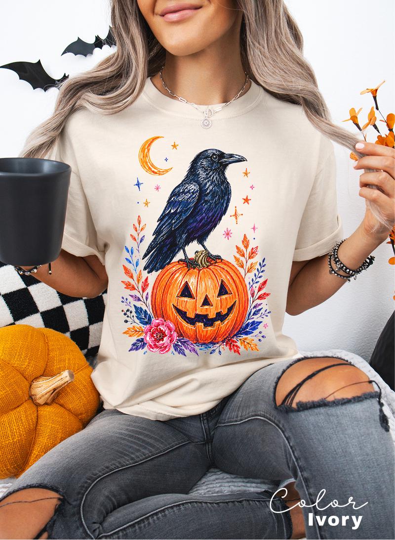 Halloween Raven Pumpkin Shirt, Fall Autumn Graphic Tee, Comfort Colors, Crow Halloween Shirt