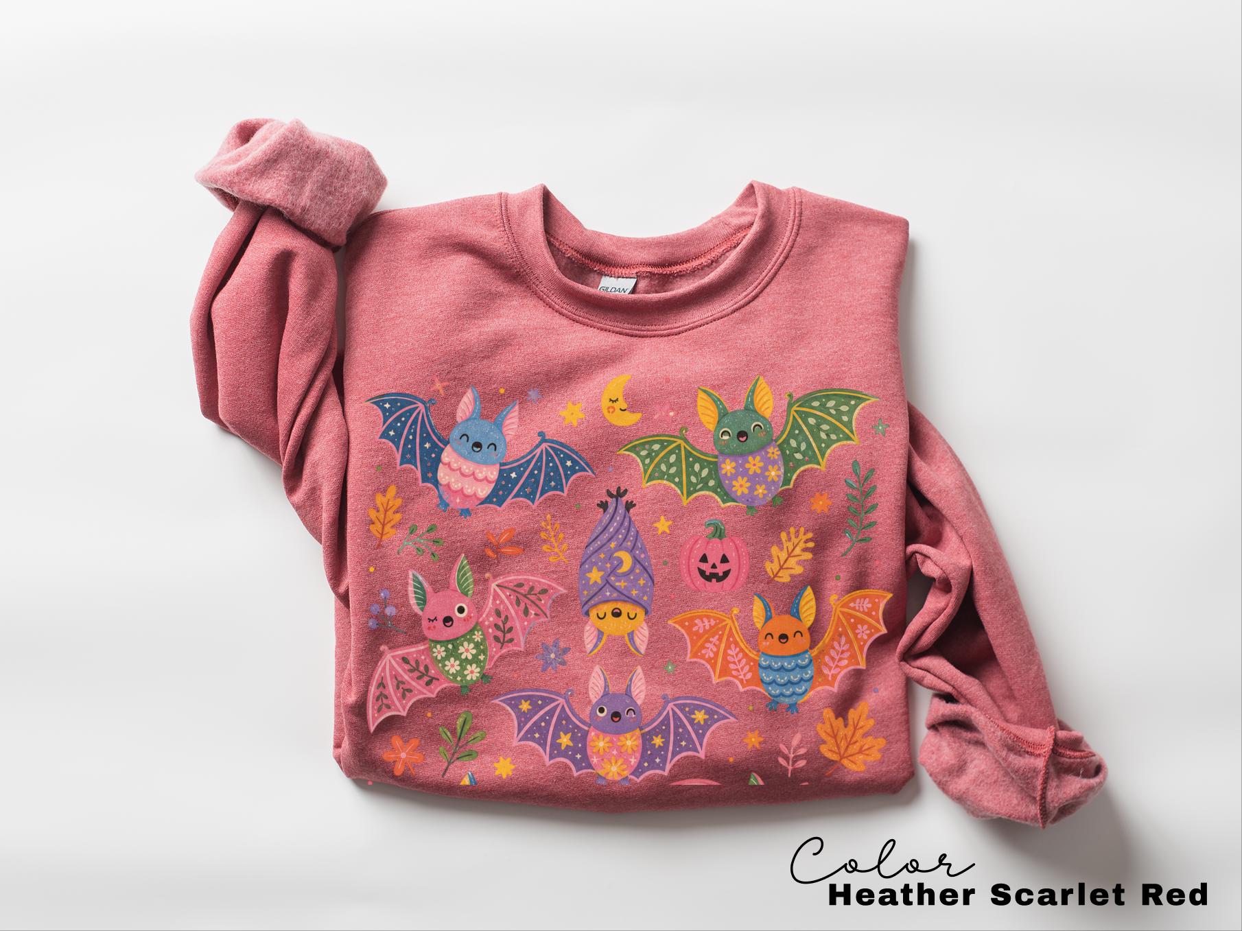 Cute Bat Halloween Sweatshirt, Spooky Season Crewneck, Floral Bat Graphic Pullover, Fall Whimsical Sweatshirt