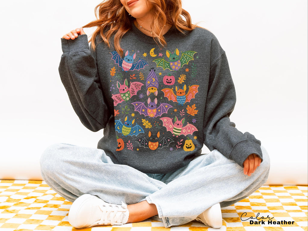 Cute Bat Halloween Sweatshirt, Spooky Season Crewneck, Floral Bat Graphic Pullover, Fall Whimsical Sweatshirt