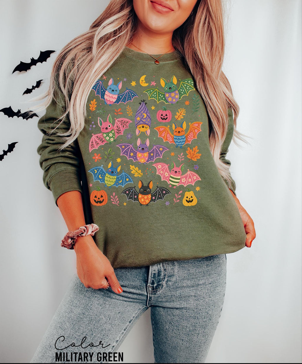 Cute Bat Halloween Sweatshirt, Spooky Season Crewneck, Floral Bat Graphic Pullover, Fall Whimsical Sweatshirt