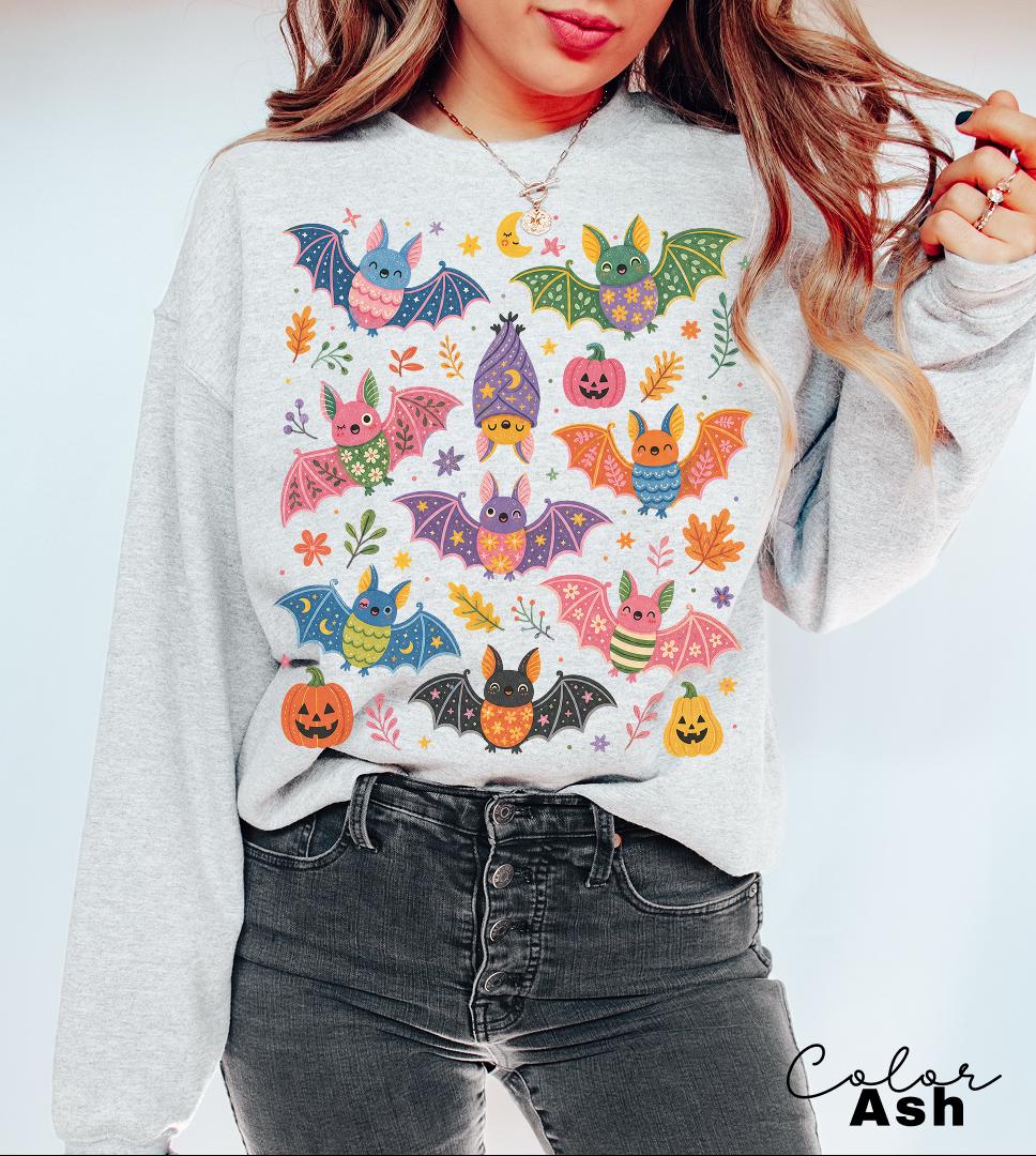 Cute Bat Halloween Sweatshirt, Spooky Season Crewneck, Floral Bat Graphic Pullover, Fall Whimsical Sweatshirt