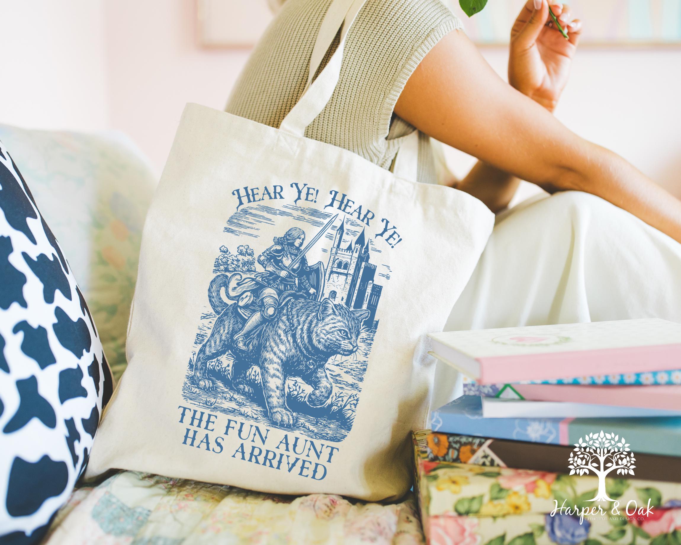 Funny Aunt Tote Bag, Knight Cat Rider, Fun Aunt, Pregnancy Reveal to Sister Auntie Cool Aunt, New Aunt, Sister Gift,