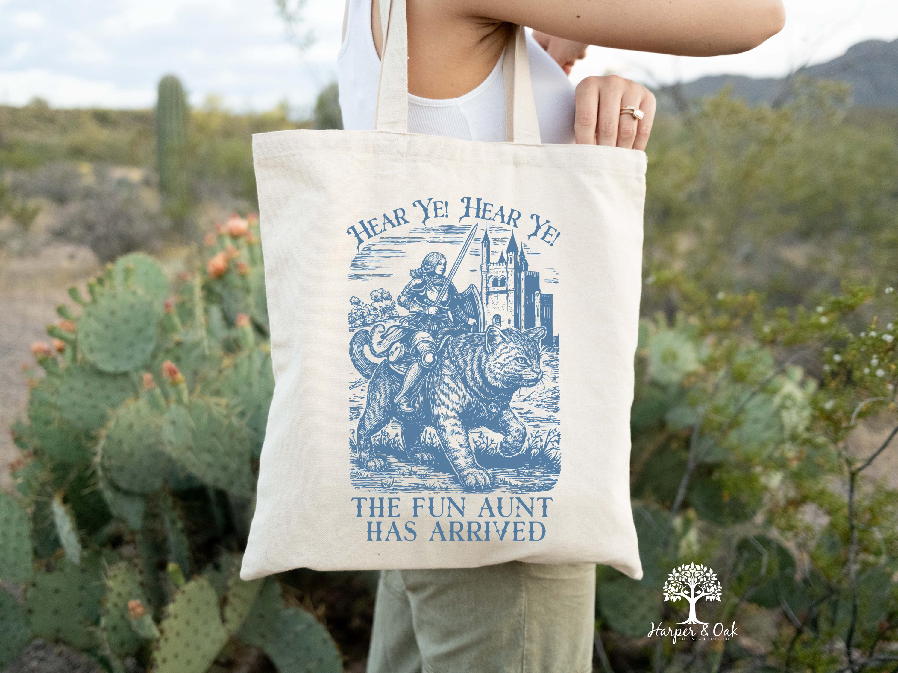 Funny Aunt Tote Bag, Knight Cat Rider, Fun Aunt, Pregnancy Reveal to Sister Auntie Cool Aunt, New Aunt, Sister Gift,