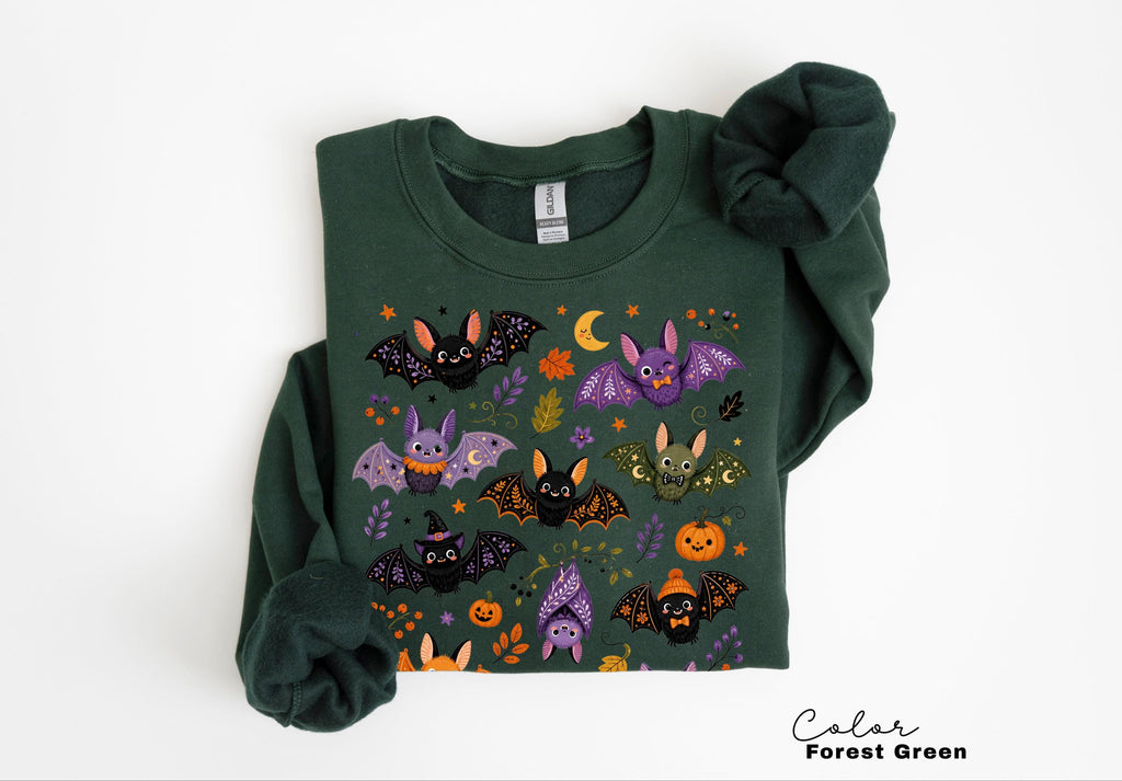 Cute Bat Halloween Sweatshirt, Whimsical Fall Crewneck, Spooky Season Pullover, Pumpkin and Bat Cozy Sweatshirt