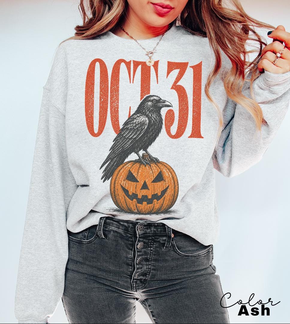 Halloween Crow Pumpkin Sweatshirt, Vintage Jack O Lantern Crewneck, October 31 Spooky Season Pullover