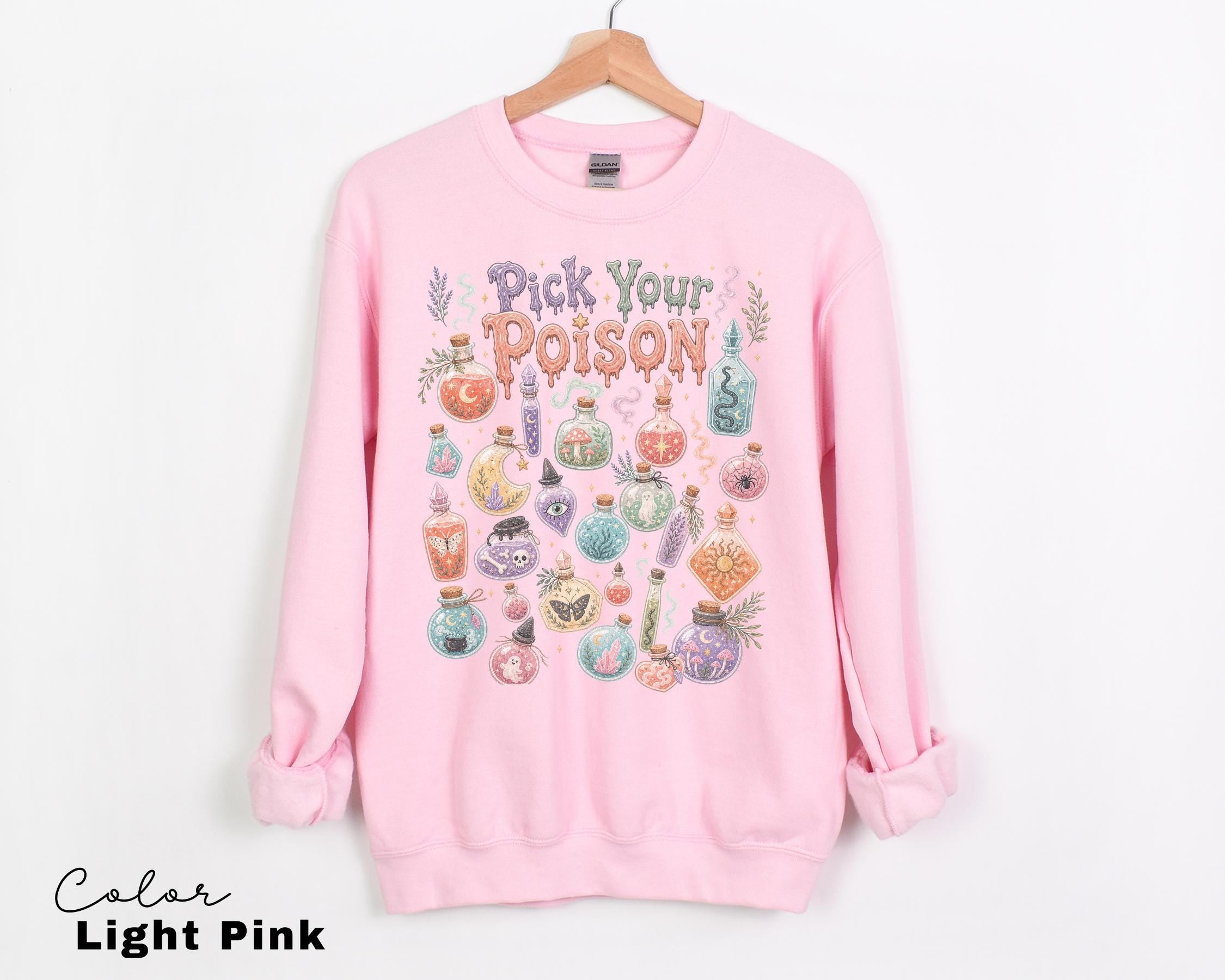 Pick Your Poison Sweatshirt, Whimsical Potion Bottles Crewneck, Folk Art Halloween Pullover, Cute Spooky Witchy Sweatshirt