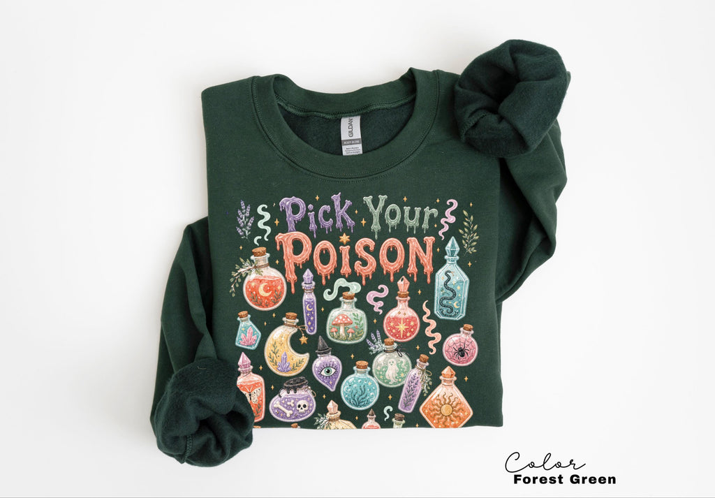 Pick Your Poison Sweatshirt, Whimsical Potion Bottles Crewneck, Folk Art Halloween Pullover, Cute Spooky Witchy Sweatshirt