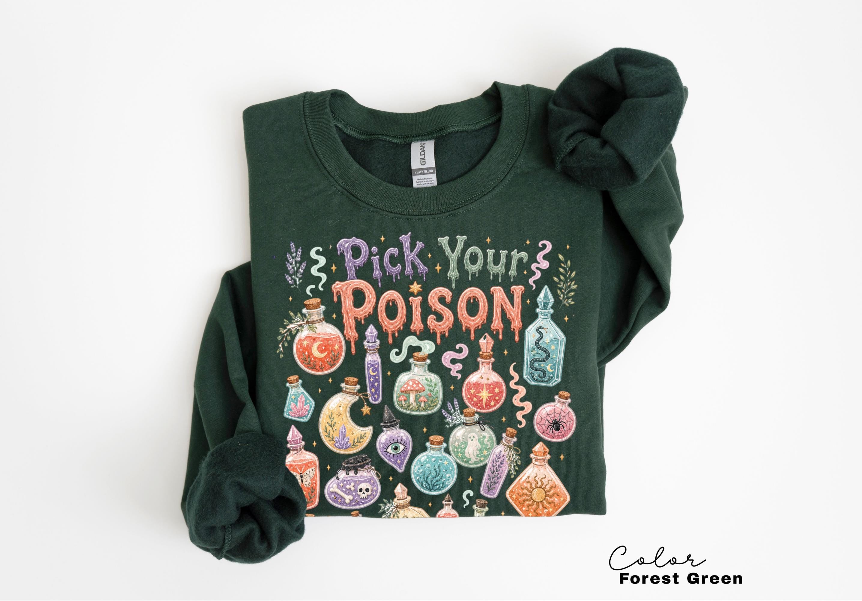 Pick Your Poison Sweatshirt, Whimsical Potion Bottles Crewneck, Folk Art Halloween Pullover, Cute Spooky Witchy Sweatshirt