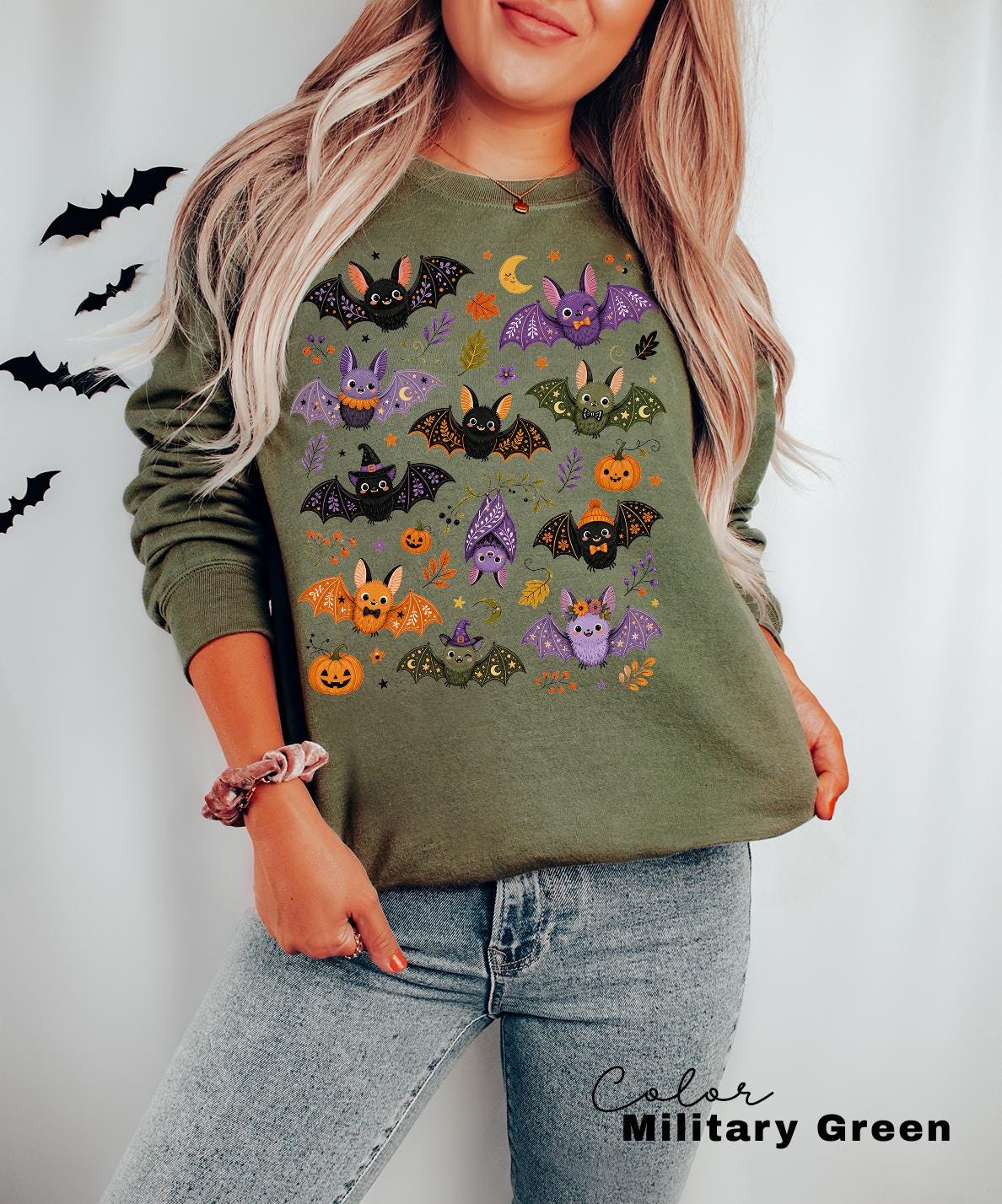 Cute Bat Halloween Sweatshirt, Whimsical Fall Crewneck, Spooky Season Pullover, Pumpkin and Bat Cozy Sweatshirt