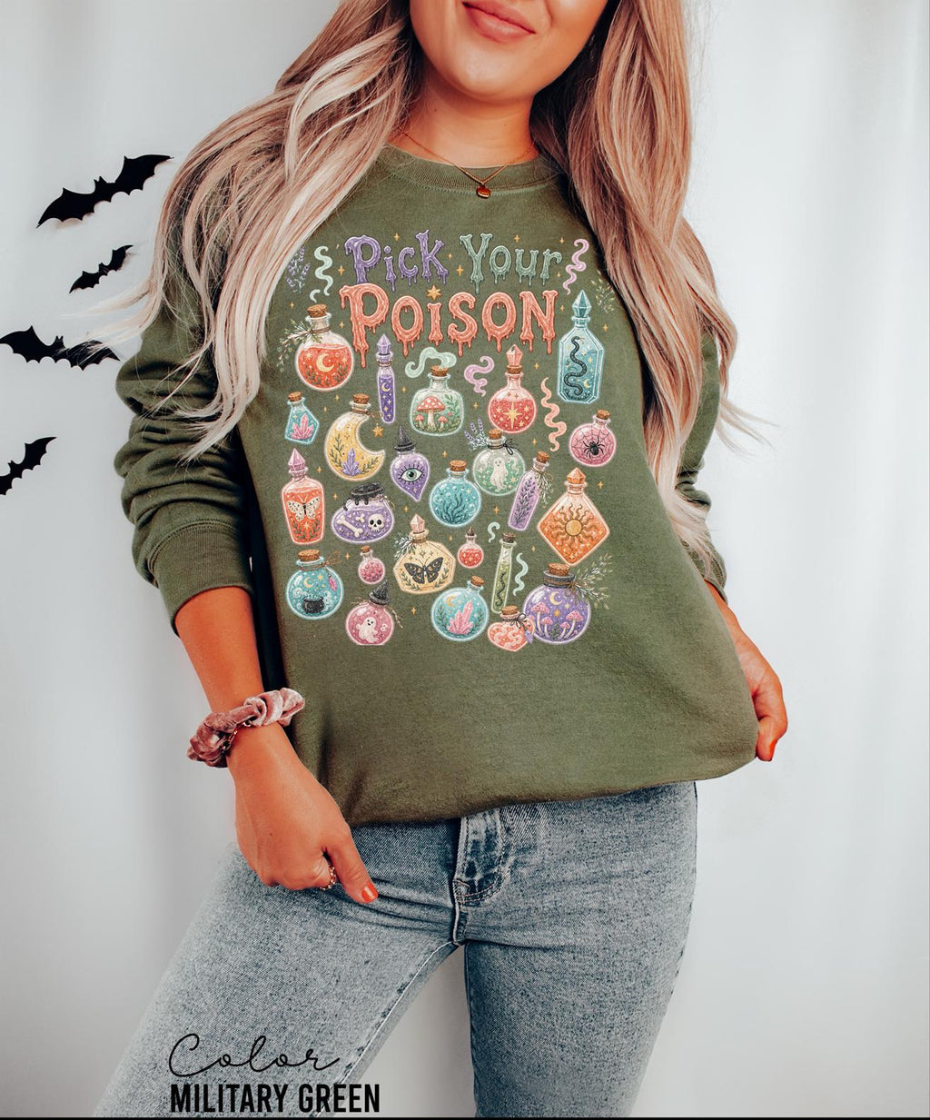 Pick Your Poison Sweatshirt, Whimsical Potion Bottles Crewneck, Folk Art Halloween Pullover, Cute Spooky Witchy Sweatshirt