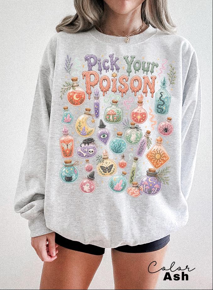 Pick Your Poison Sweatshirt, Whimsical Potion Bottles Crewneck, Folk Art Halloween Pullover, Cute Spooky Witchy Sweatshirt
