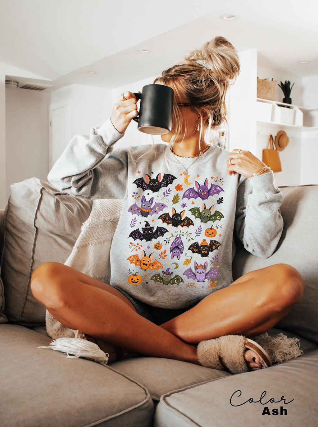Cute Bat Halloween Sweatshirt, Whimsical Fall Crewneck, Spooky Season Pullover, Pumpkin and Bat Cozy Sweatshirt