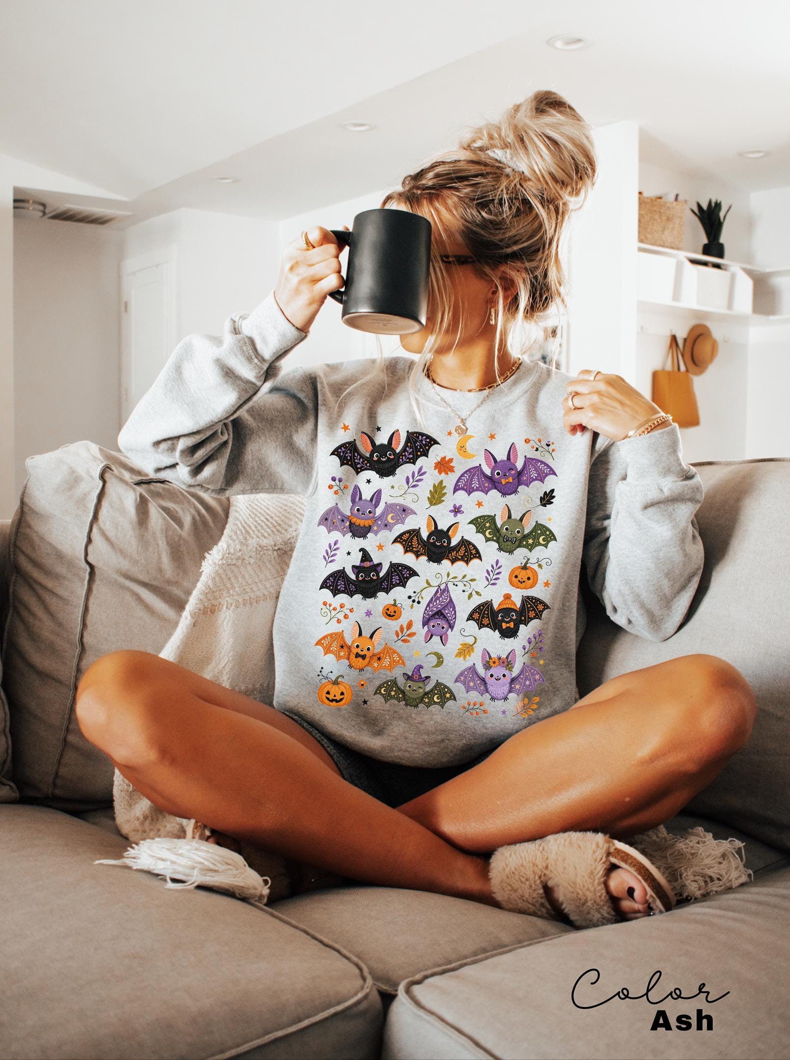 Cute Bat Halloween Sweatshirt, Whimsical Fall Crewneck, Spooky Season Pullover, Pumpkin and Bat Cozy Sweatshirt
