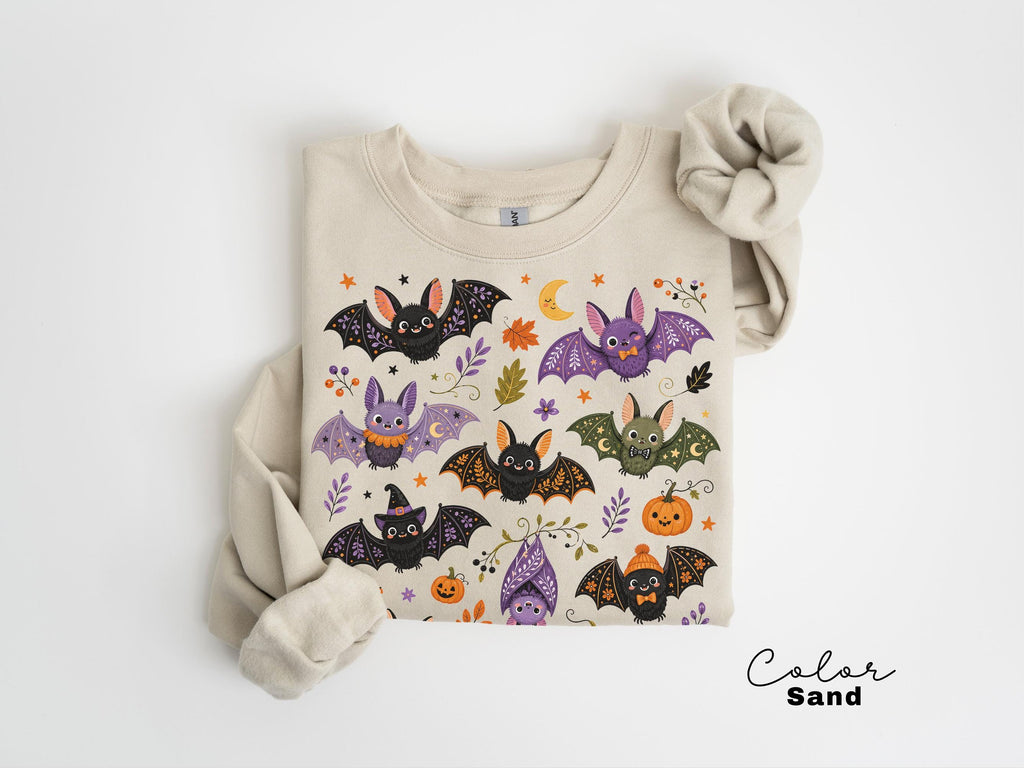 Cute Bat Halloween Sweatshirt, Whimsical Fall Crewneck, Spooky Season Pullover, Pumpkin and Bat Cozy Sweatshirt