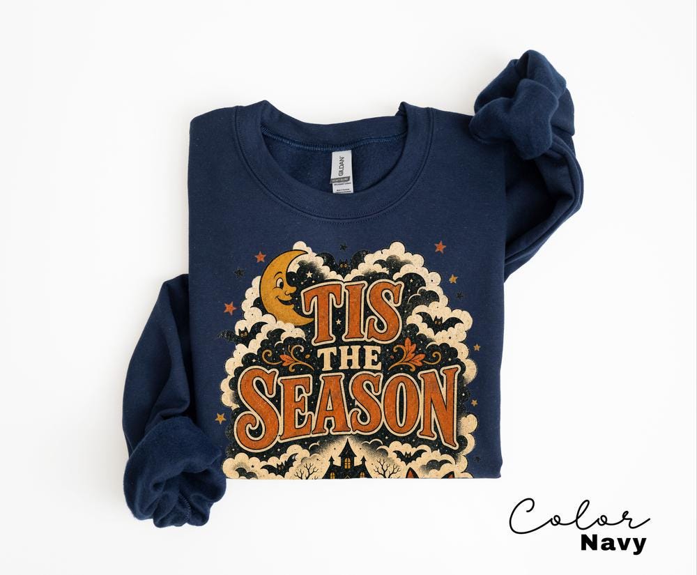 Tis the Season Retro Halloween Sweatshirt, Ghost Cat Pumpkin Crewneck, Spooky Season Fall Pullover, Cute Retro Haunted House Sweatshirt
