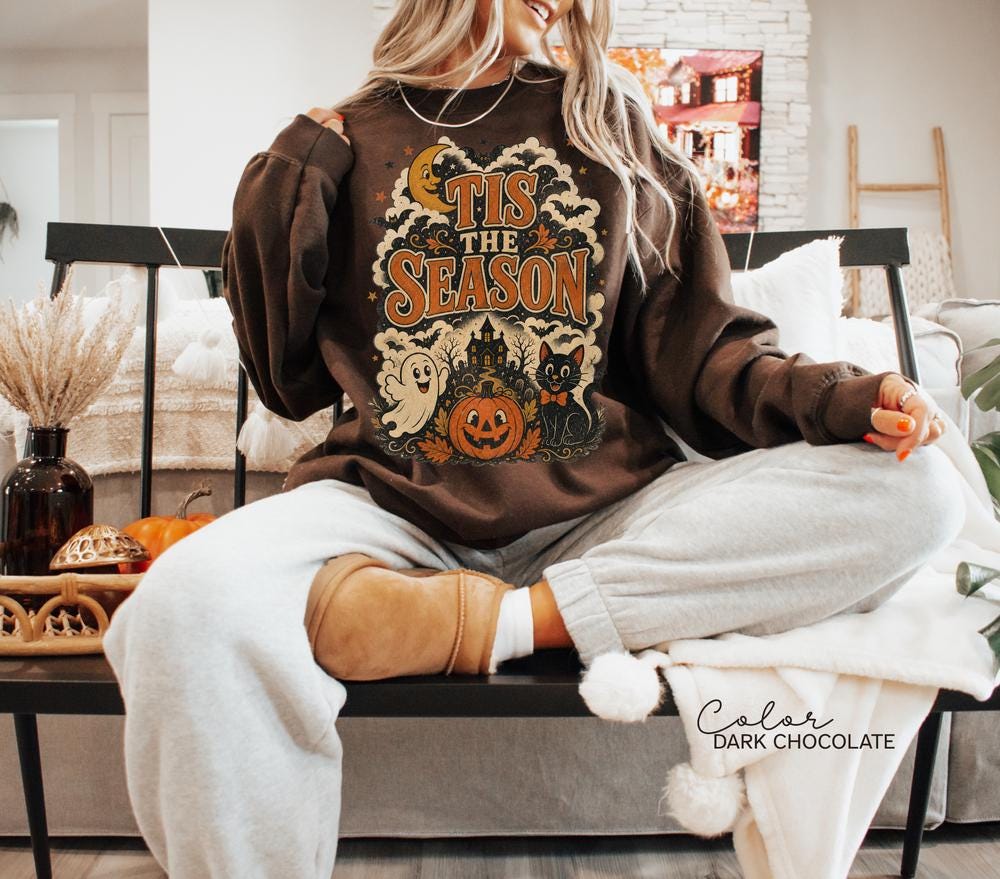 Tis the Season Retro Halloween Sweatshirt, Ghost Cat Pumpkin Crewneck, Spooky Season Fall Pullover, Cute Retro Haunted House Sweatshirt