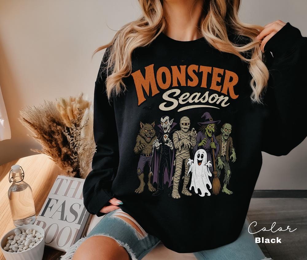 Monster Season Sweatshirt, Retro 90s Halloween Crewneck, Cute Spooky Monsters Pullover, Retro Cartoon Monster Sweatshirt