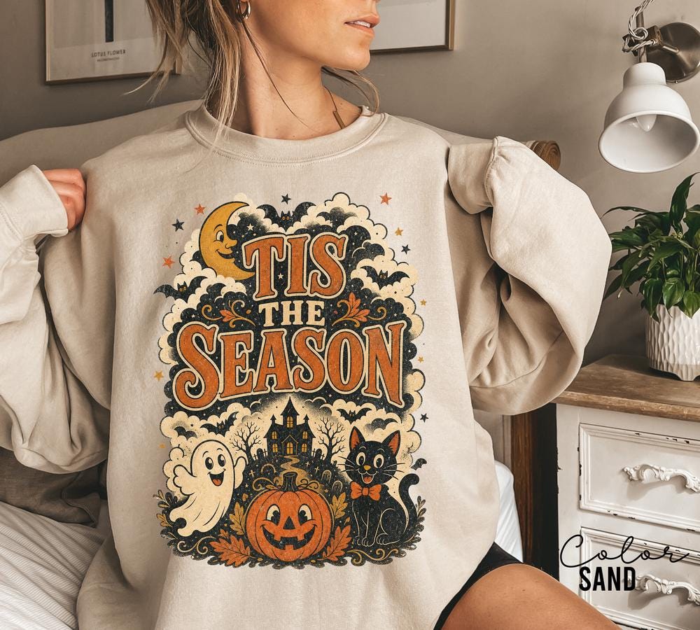 Tis the Season Retro Halloween Sweatshirt, Ghost Cat Pumpkin Crewneck, Spooky Season Fall Pullover, Cute Retro Haunted House Sweatshirt