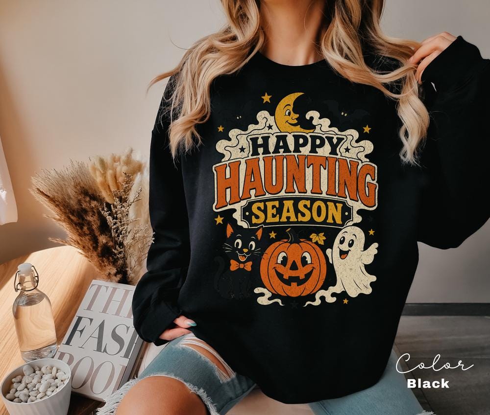 Happy Haunting Season Sweatshirt, Vintage Halloween Crewneck, Retro Ghost Pumpkin Pullover, Cute Spooky Fall Sweatshirt