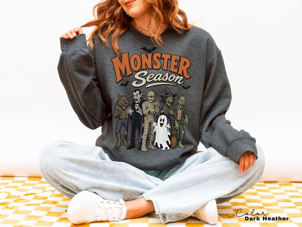 Monster Season Sweatshirt, Retro 90s Halloween Crewneck, Cute Spooky Monsters Pullover, Retro Cartoon Monster Sweatshirt