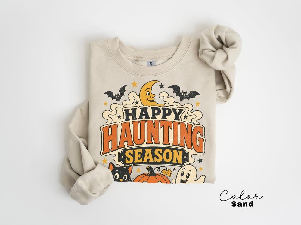 Happy Haunting Season Sweatshirt, Vintage Halloween Crewneck, Retro Ghost Pumpkin Pullover, Cute Spooky Fall Sweatshirt