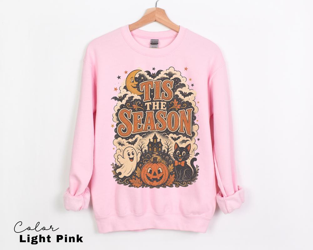 Tis the Season Retro Halloween Sweatshirt, Ghost Cat Pumpkin Crewneck, Spooky Season Fall Pullover, Cute Retro Haunted House Sweatshirt