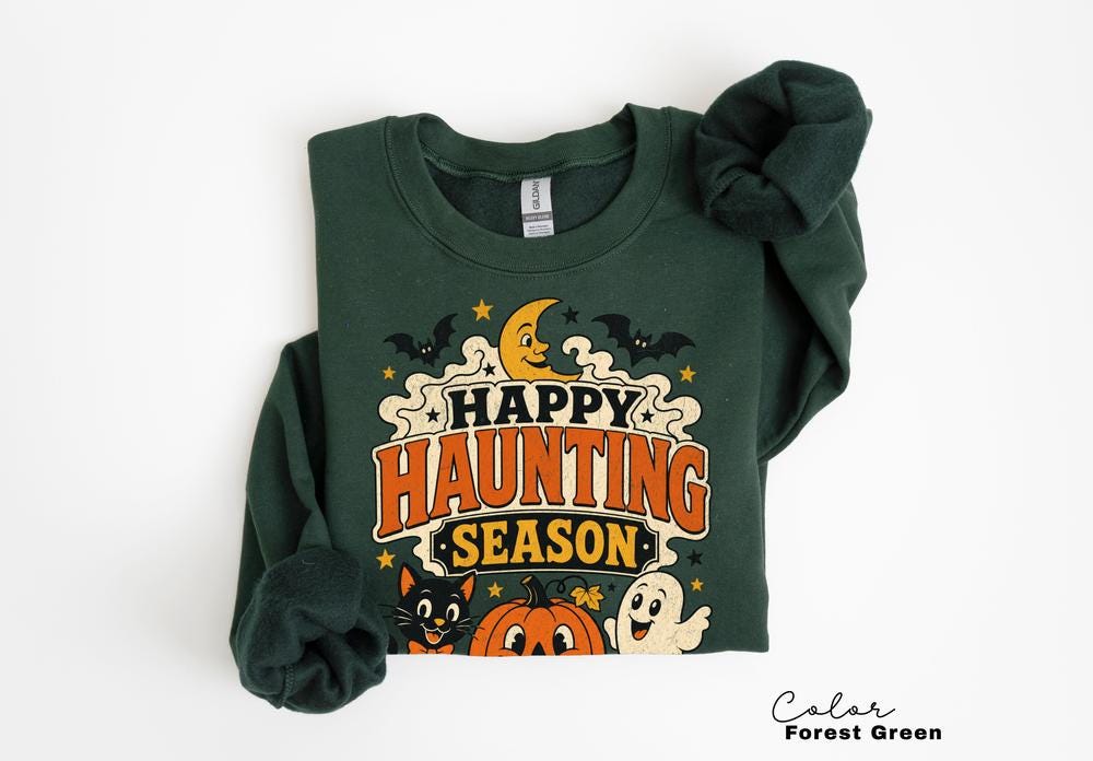 Happy Haunting Season Sweatshirt, Vintage Halloween Crewneck, Retro Ghost Pumpkin Pullover, Cute Spooky Fall Sweatshirt