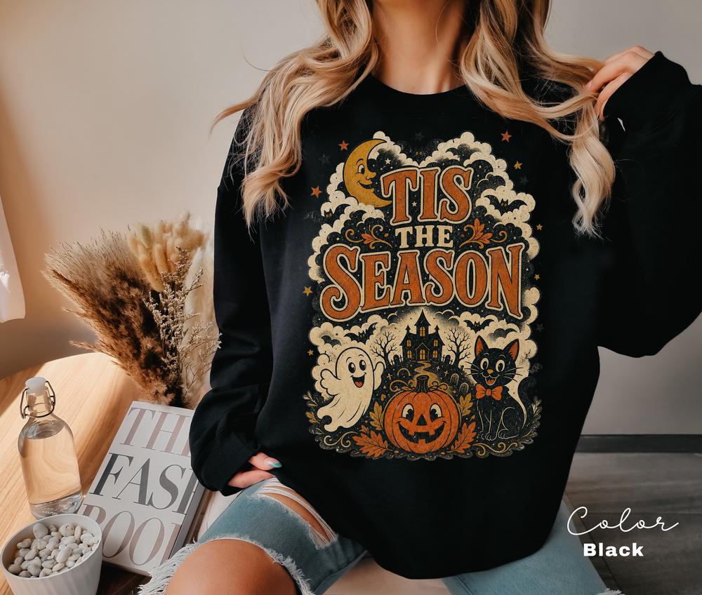 Tis the Season Retro Halloween Sweatshirt, Ghost Cat Pumpkin Crewneck, Spooky Season Fall Pullover, Cute Retro Haunted House Sweatshirt