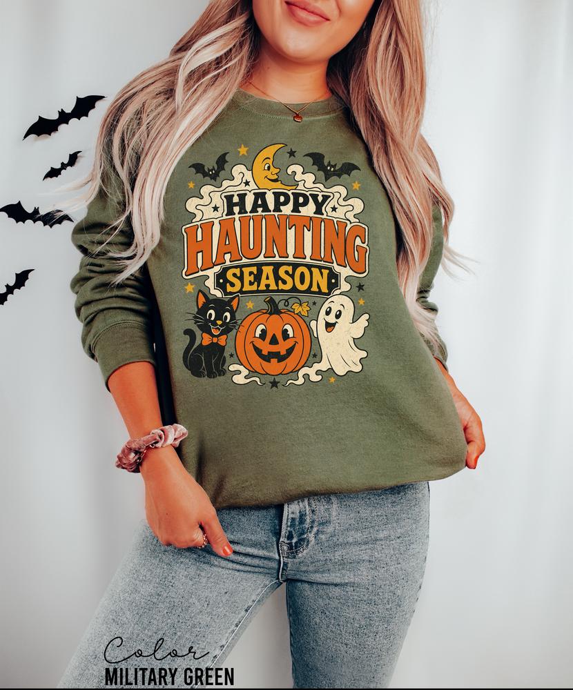 Happy Haunting Season Sweatshirt, Vintage Halloween Crewneck, Retro Ghost Pumpkin Pullover, Cute Spooky Fall Sweatshirt