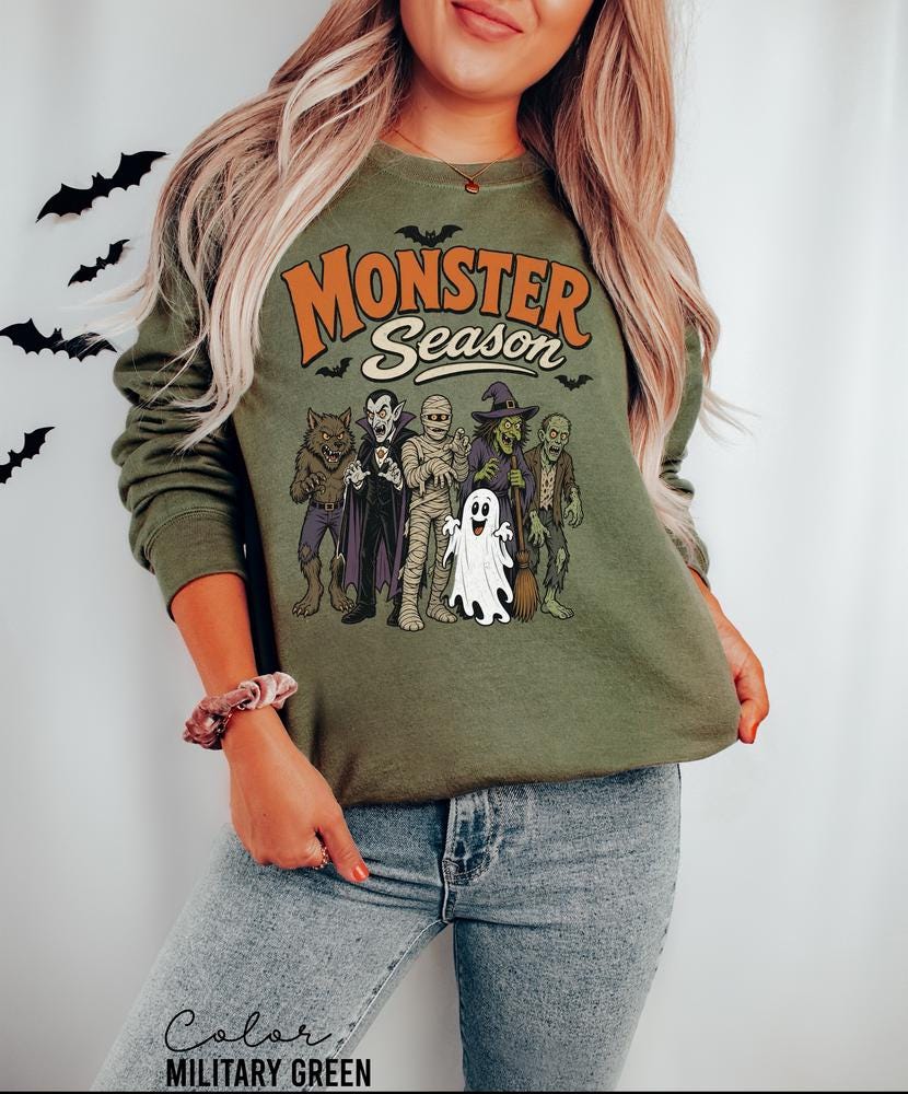 Monster Season Sweatshirt, Retro 90s Halloween Crewneck, Cute Spooky Monsters Pullover, Retro Cartoon Monster Sweatshirt