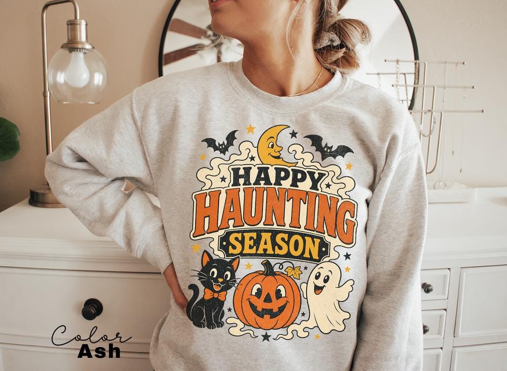Happy Haunting Season Sweatshirt, Vintage Halloween Crewneck, Retro Ghost Pumpkin Pullover, Cute Spooky Fall Sweatshirt