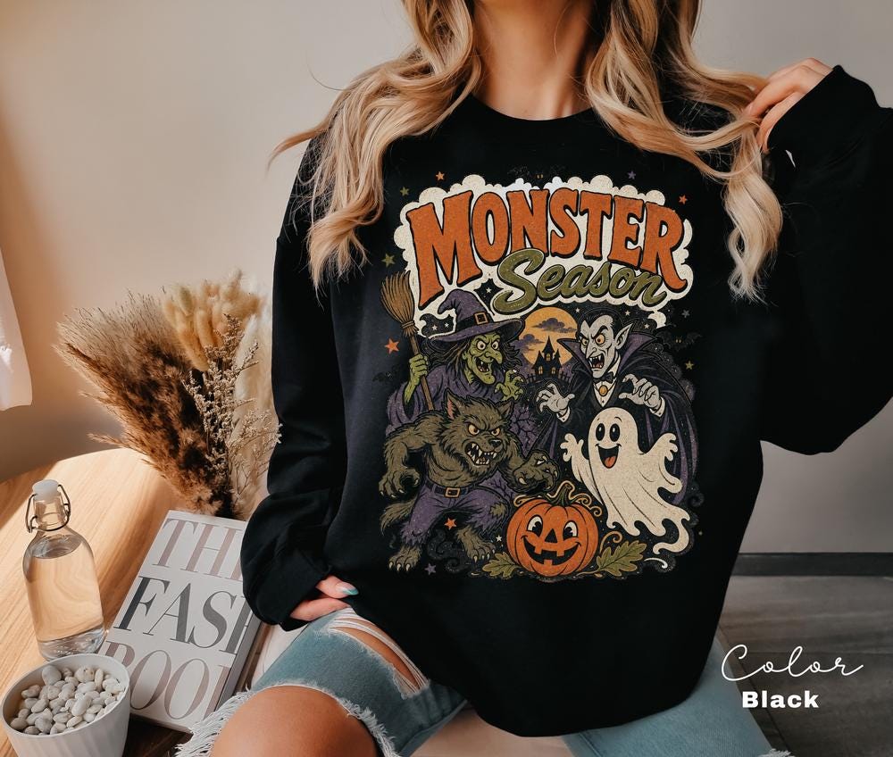 Monster Season Retro Halloween Sweatshirt, Vintage Spooky Crewneck, Witch Ghost Vampire Pullover, Retro Fall Sweatshirt