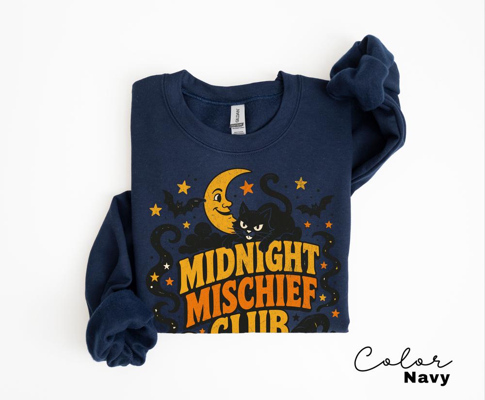 Retro Vintage Halloween Sweatshirt, Midnight Mischief Club, Spooky Crewneck, Black Cat Pumpkin Pullover, Ghost Retro Halloween Sweatshirt