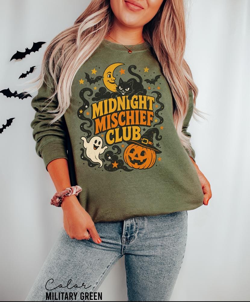 Retro Vintage Halloween Sweatshirt, Midnight Mischief Club, Spooky Crewneck, Black Cat Pumpkin Pullover, Ghost Retro Halloween Sweatshirt