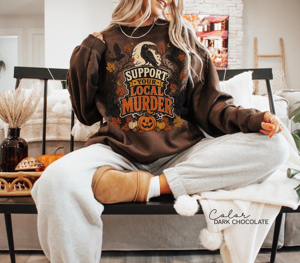 Support Your Local Murder Sweatshirt, Retro Halloween Crow Crewneck, Vintage Spooky Pullover, Fall Pumpkin Sweatshirt