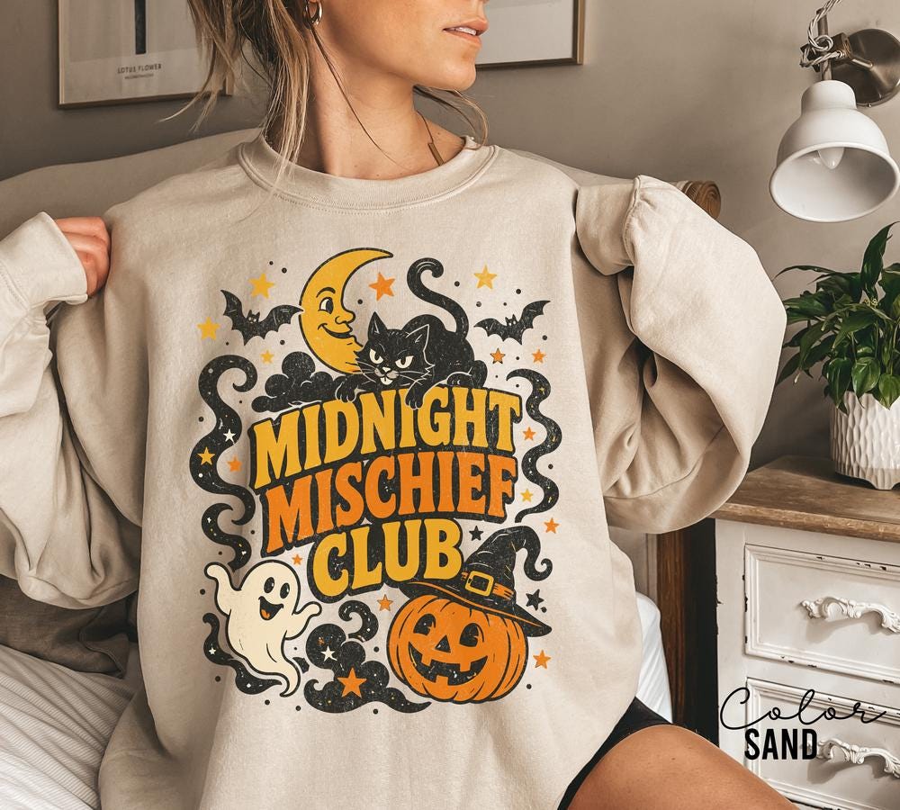 Retro Vintage Halloween Sweatshirt, Midnight Mischief Club, Spooky Crewneck, Black Cat Pumpkin Pullover, Ghost Retro Halloween Sweatshirt