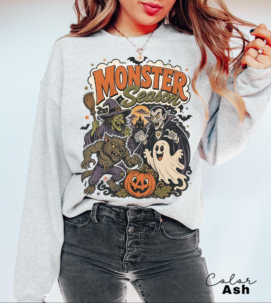 Monster Season Retro Halloween Sweatshirt, Vintage Spooky Crewneck, Witch Ghost Vampire Pullover, Retro Fall Sweatshirt