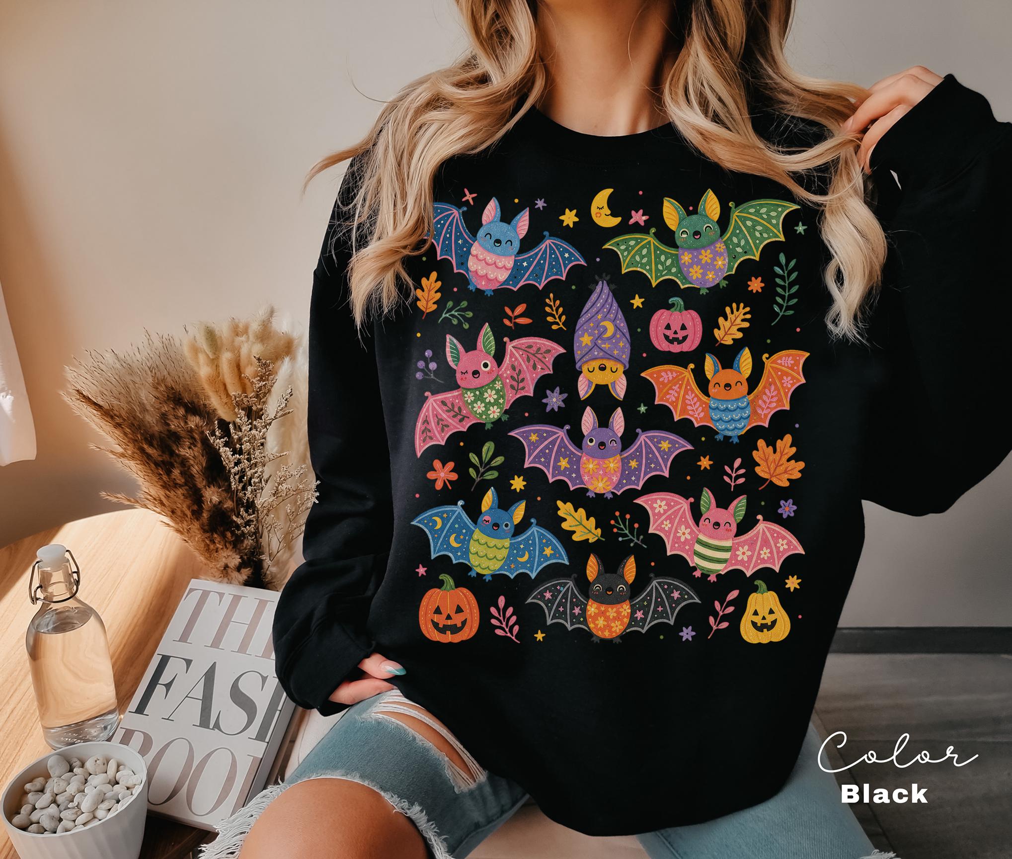 Cute Bat Halloween Sweatshirt, Spooky Season Crewneck, Floral Bat Graphic Pullover, Fall Whimsical Sweatshirt