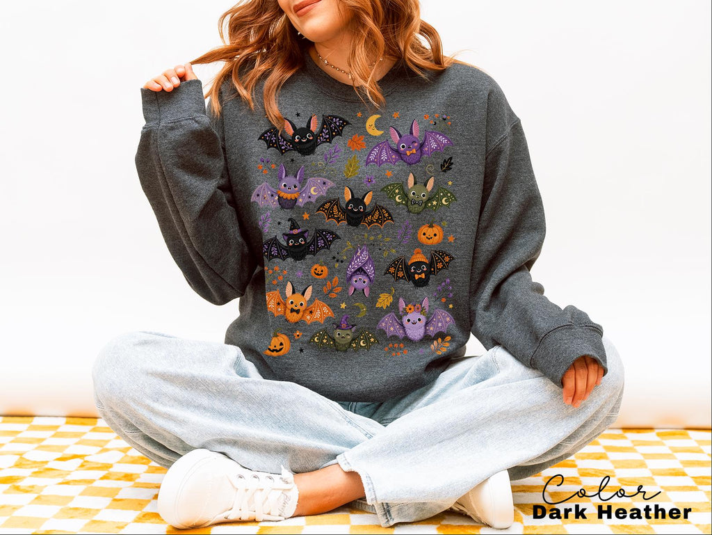 Cute Bat Halloween Sweatshirt, Whimsical Fall Crewneck, Spooky Season Pullover, Pumpkin and Bat Cozy Sweatshirt