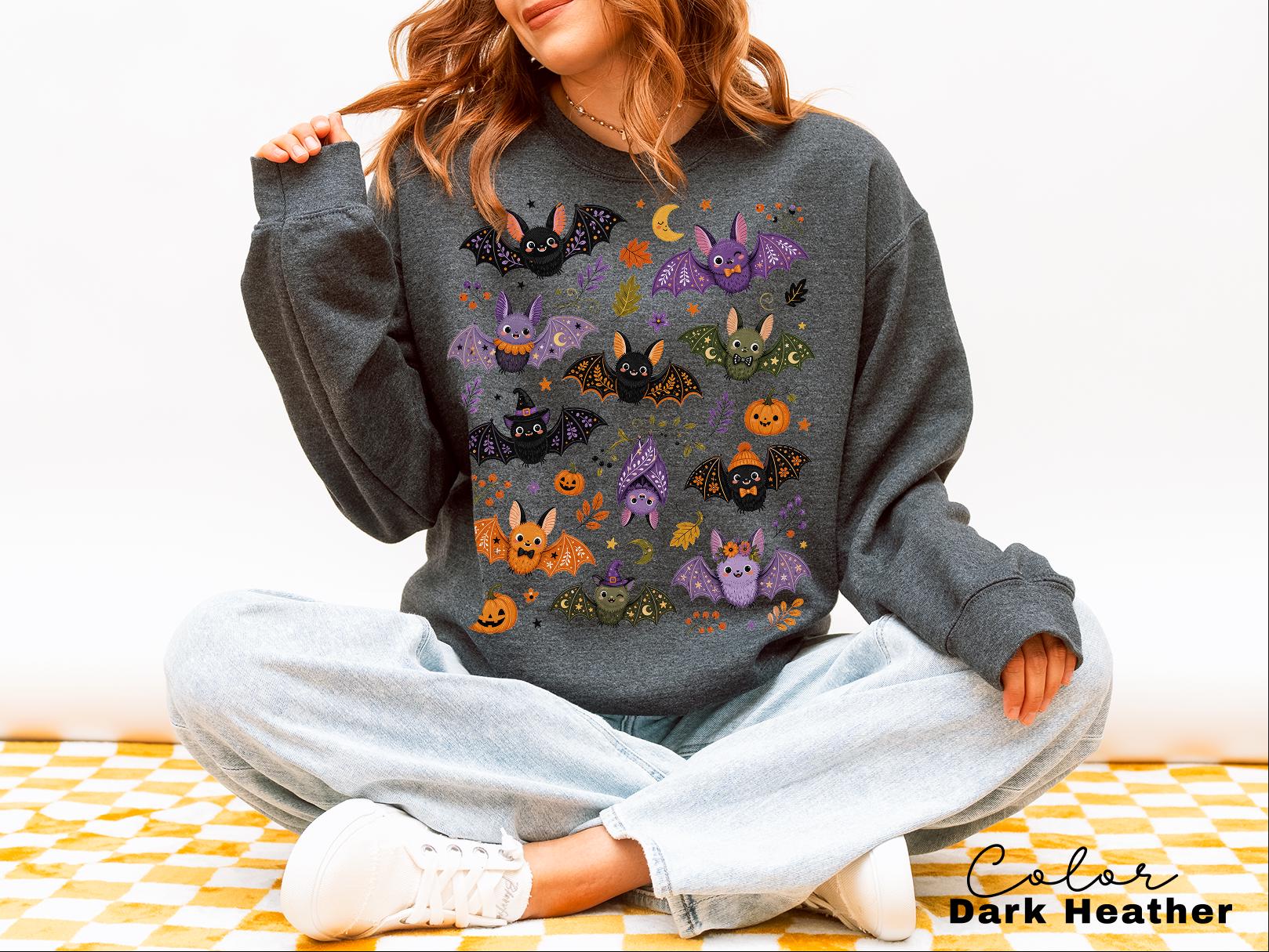 Cute Bat Halloween Sweatshirt, Whimsical Fall Crewneck, Spooky Season Pullover, Pumpkin and Bat Cozy Sweatshirt