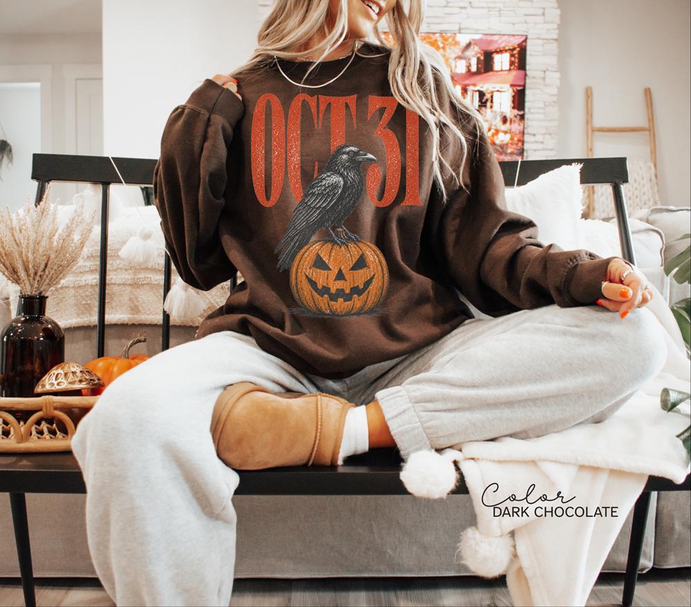 Halloween Crow Pumpkin Sweatshirt, Vintage Jack O Lantern Crewneck, October 31 Spooky Season Pullover