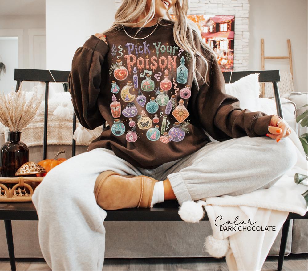 Pick Your Poison Sweatshirt, Whimsical Potion Bottles Crewneck, Folk Art Halloween Pullover, Cute Spooky Witchy Sweatshirt