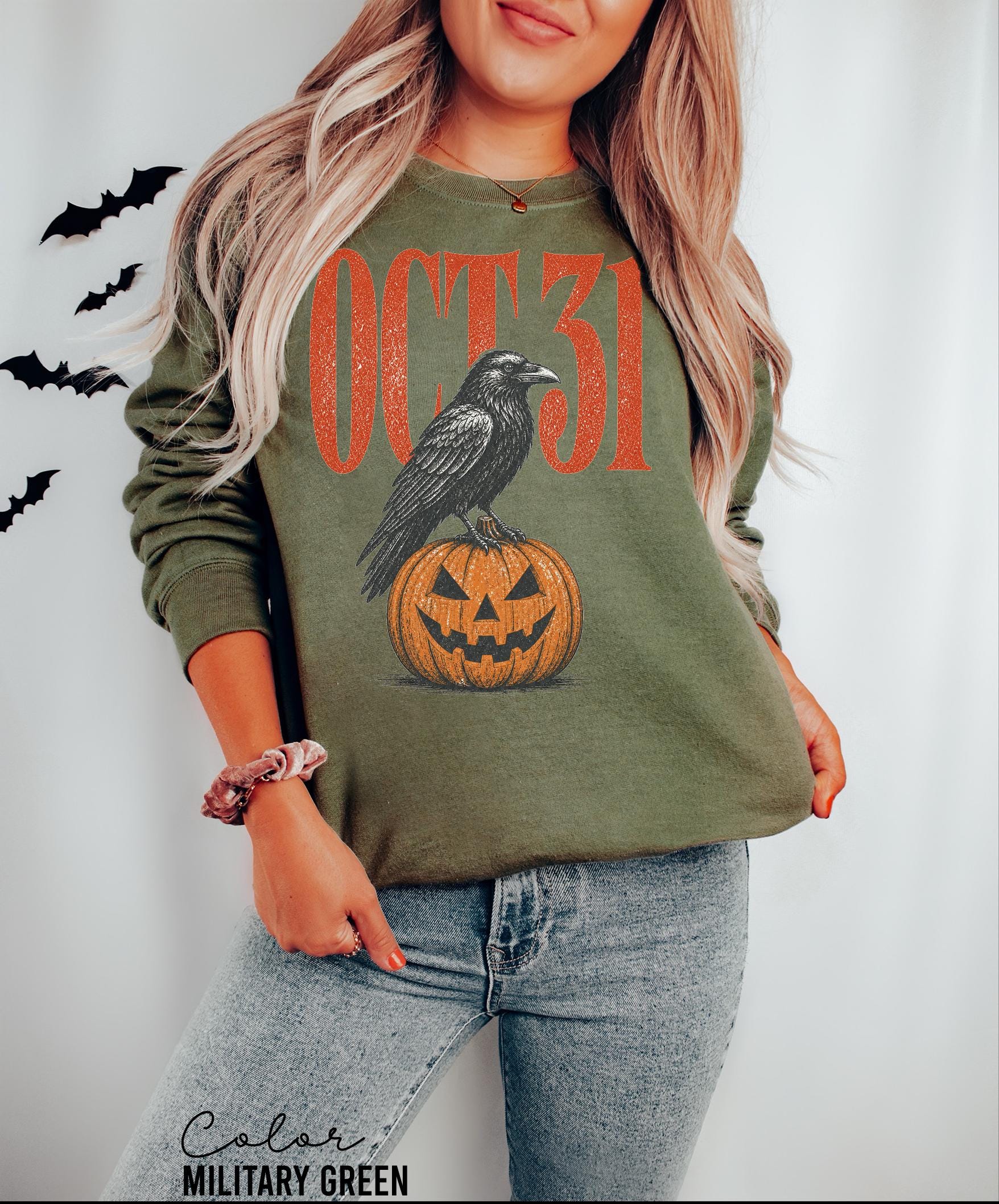 Halloween Crow Pumpkin Sweatshirt, Vintage Jack O Lantern Crewneck, October 31 Spooky Season Pullover